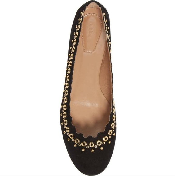 NWT Chloé Black Suede Scalloped Gold Studded Ballet Flat - Picture 8 of 16